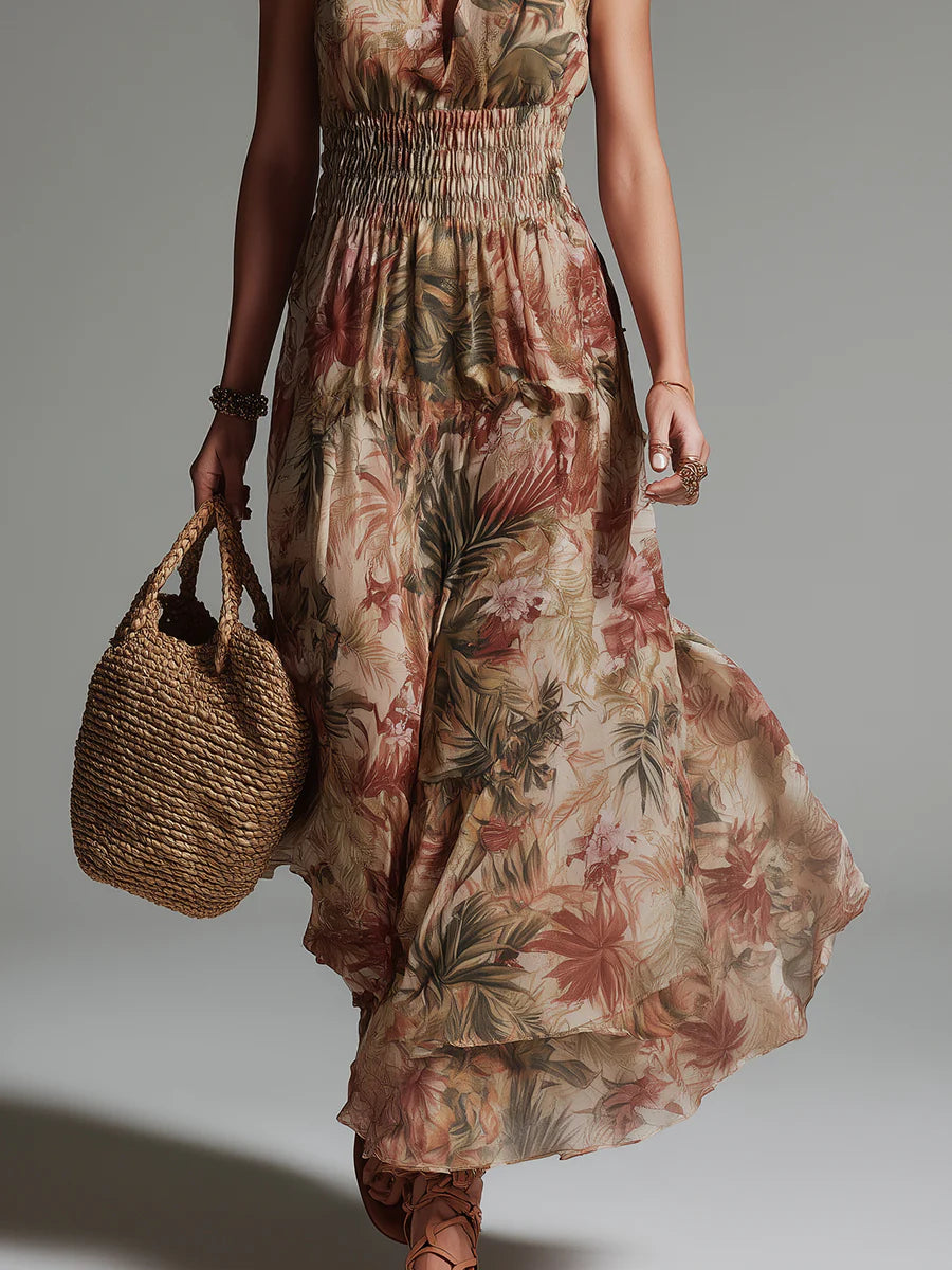 Robe longue à imprimé tropical avec découpe en trou de serrure