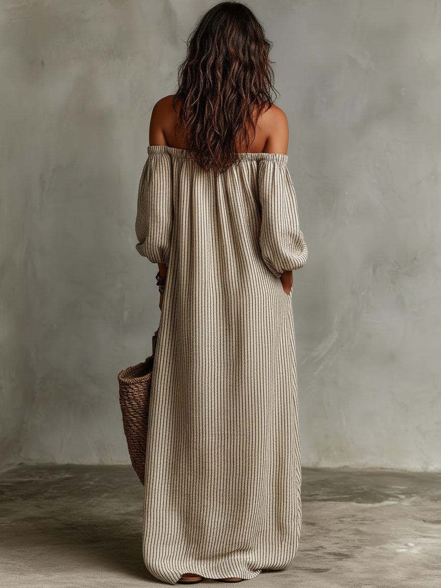 Robe maxi en mélange coton-lin à épaules dénudées et manches longues