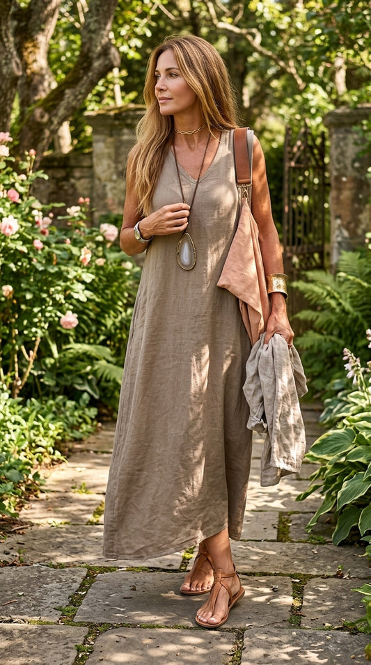 Robe Maxi en Lin Mélangé pour Femmes – Décolleté en V Sans Manches Détendue d'Été
