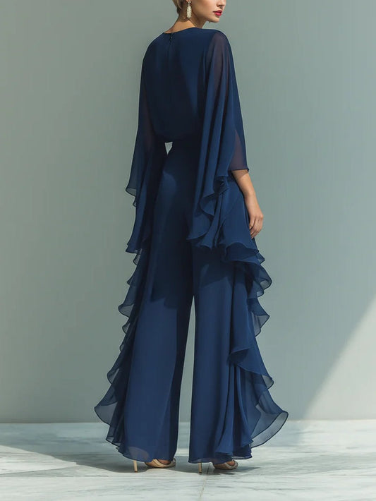 Ensemble top à manches évasées en mousseline marine et pantalon droit à volants