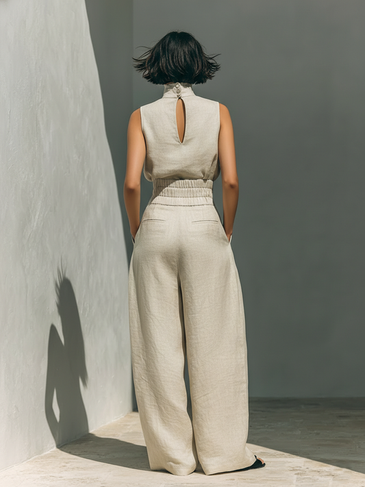 Ensemble débardeur sans manches en mélange de coton et lin beige et pantalon large