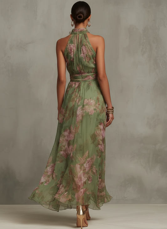 Robe longue en mousseline fleurie verte avec décolleté dos nu