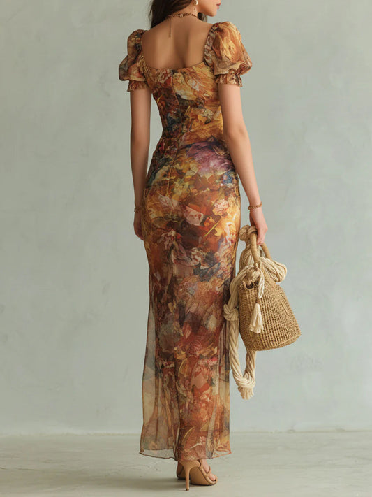 Robe longue en mousseline de soie à imprimé peinture à l'huile bohème orange