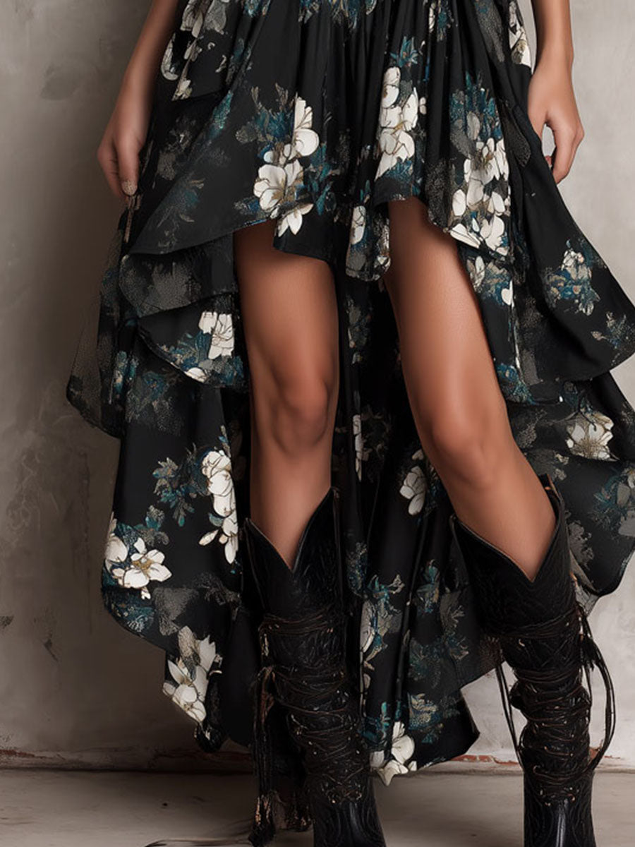 Robe longue bustier imprimé floral bohème noire