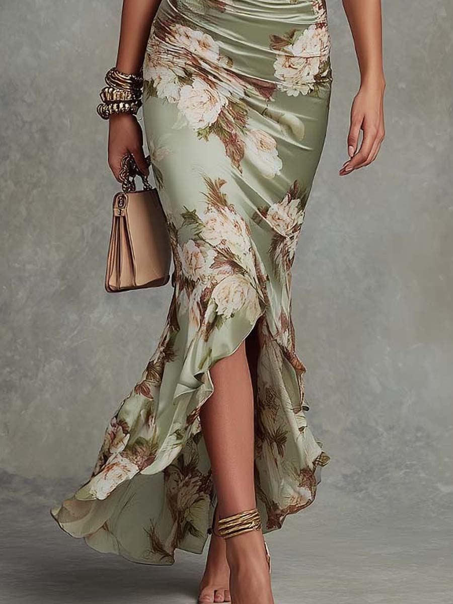 Robe longue asymétrique en satin à manches cloche volantées à imprimé floral et col en V vert