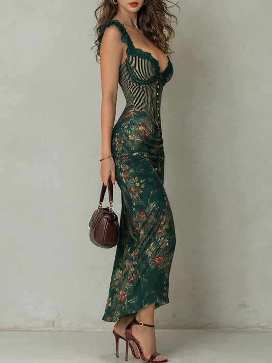 Robe longue à imprimé floral rayé avec détails en dentelle