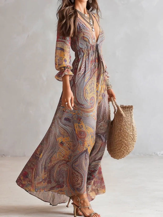 Robe longue en mousseline à imprimé cachemire et décolleté en V