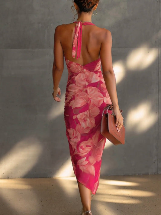 Robe moulante sans manches à imprimé floral fuchsia