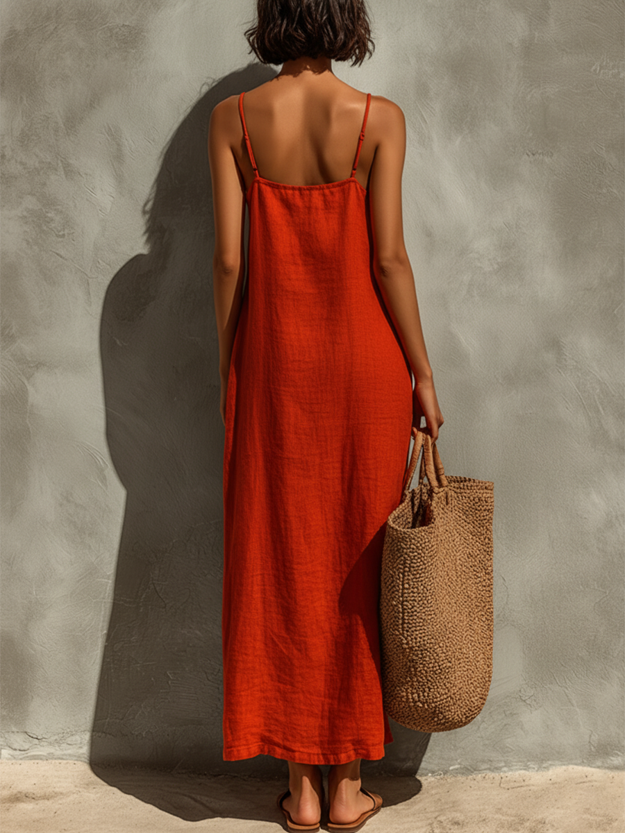 Robe en Coton Rouge avec Bretelles Fines et Col Carré, Robe de Style Intemporelle