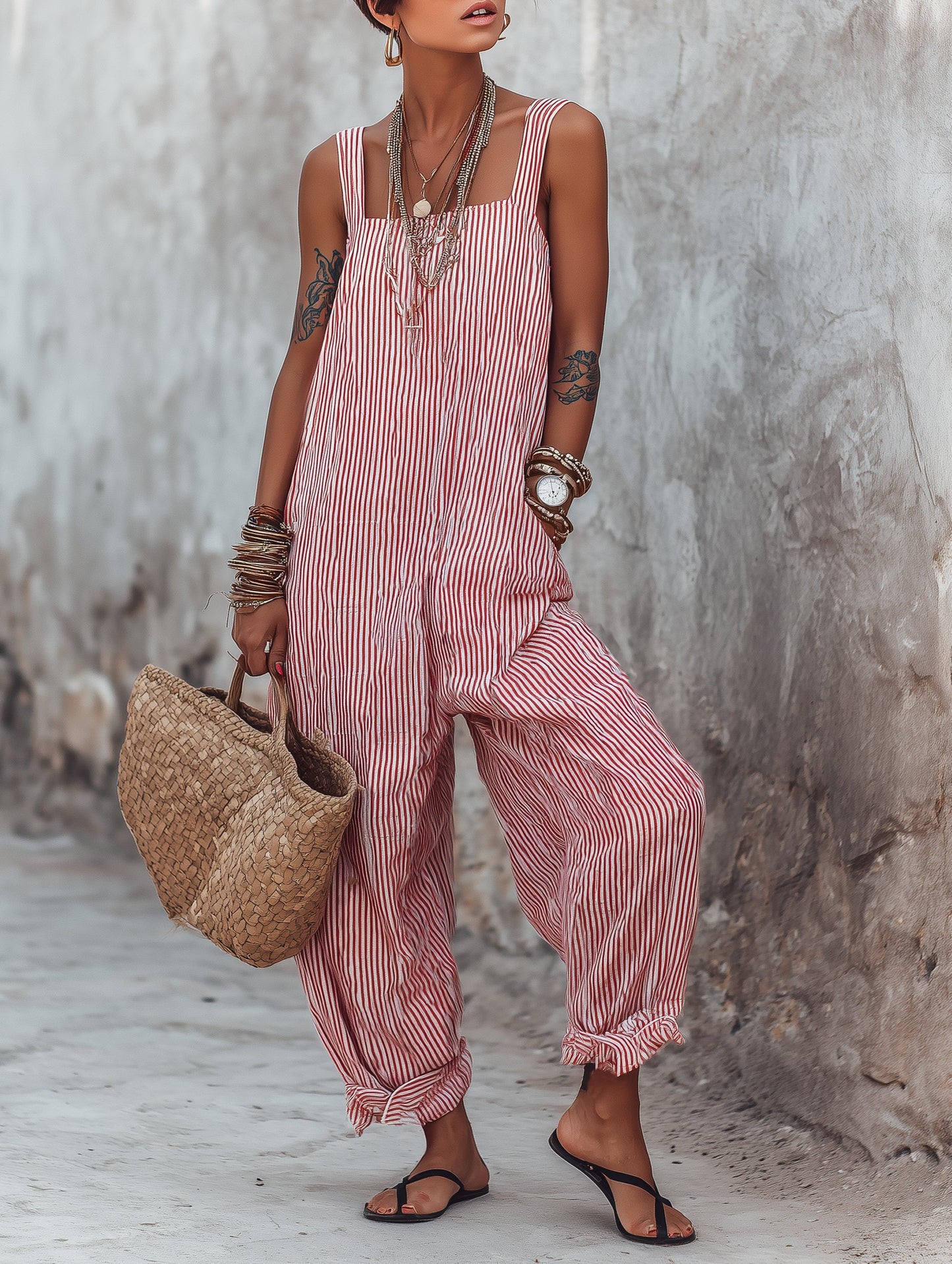 Combinaison sans manches à col carré à rayures minimalistes