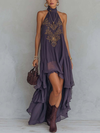 Robe longue en mousseline vintage brodée violette