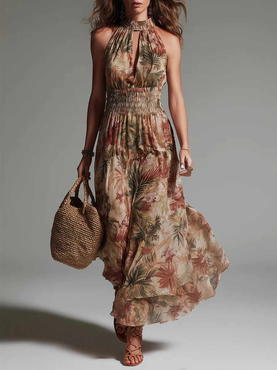 Robe longue à imprimé tropical avec découpe en trou de serrure