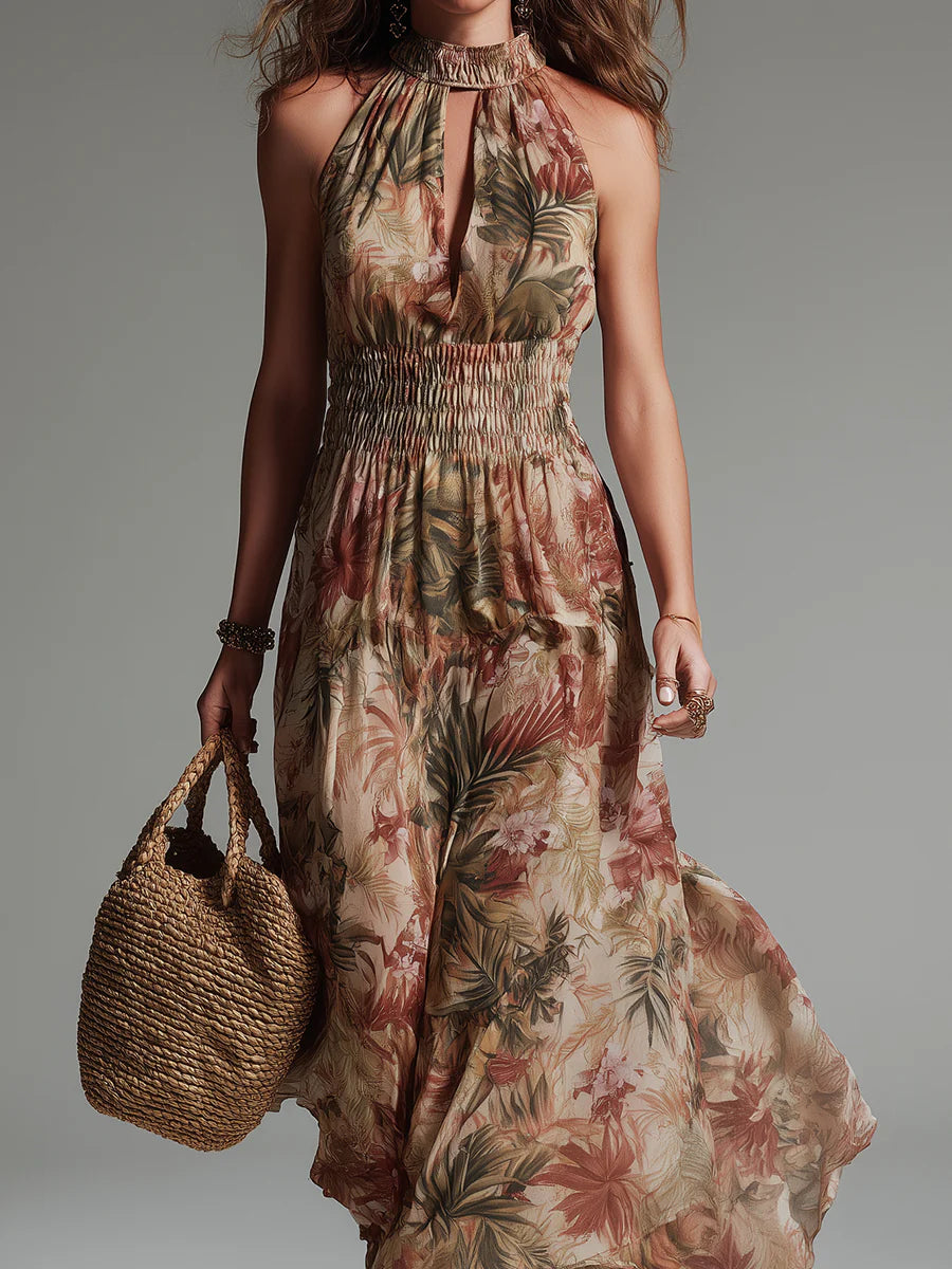 Robe longue à imprimé tropical avec découpe en trou de serrure