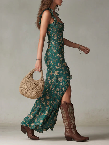 Robe longue imprimée bohème à manches volantées
