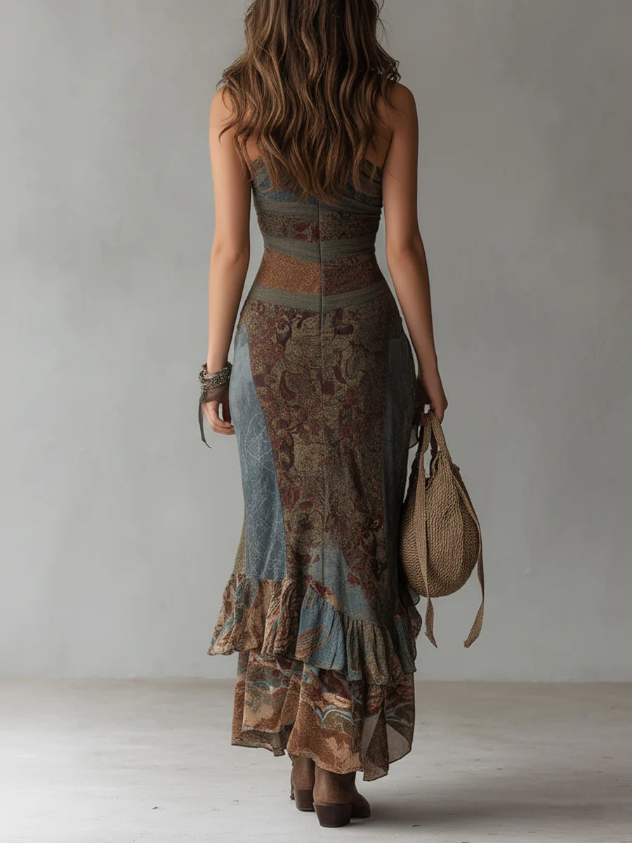 Robe longue asymétrique à imprimé ethnique avec fente haute