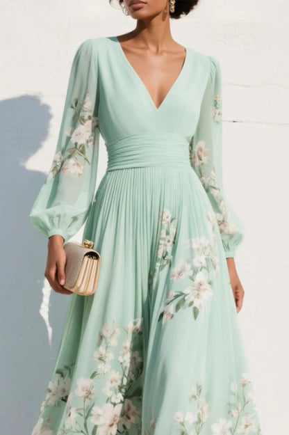 Robe longue décontractée à imprimé floral, col en V et manches longues