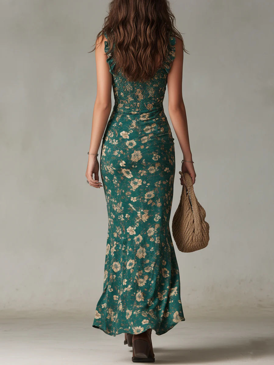Robe longue imprimée bohème à manches volantées