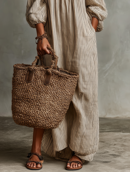 Robe maxi en mélange coton-lin à épaules dénudées et manches longues