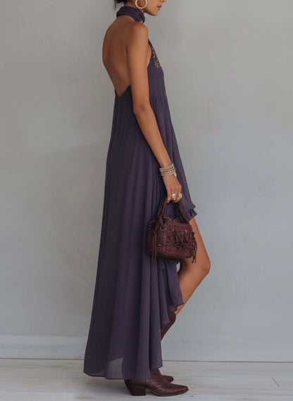 Robe longue en mousseline vintage brodée violette