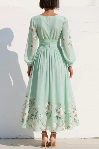 Robe longue décontractée à imprimé floral, col en V et manches longues