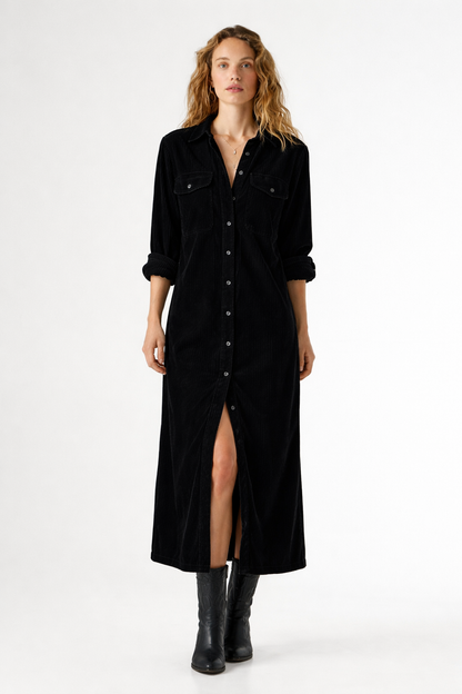Robe mi-longue en velours côtelé avec doubles poches poitrine et boutons simples