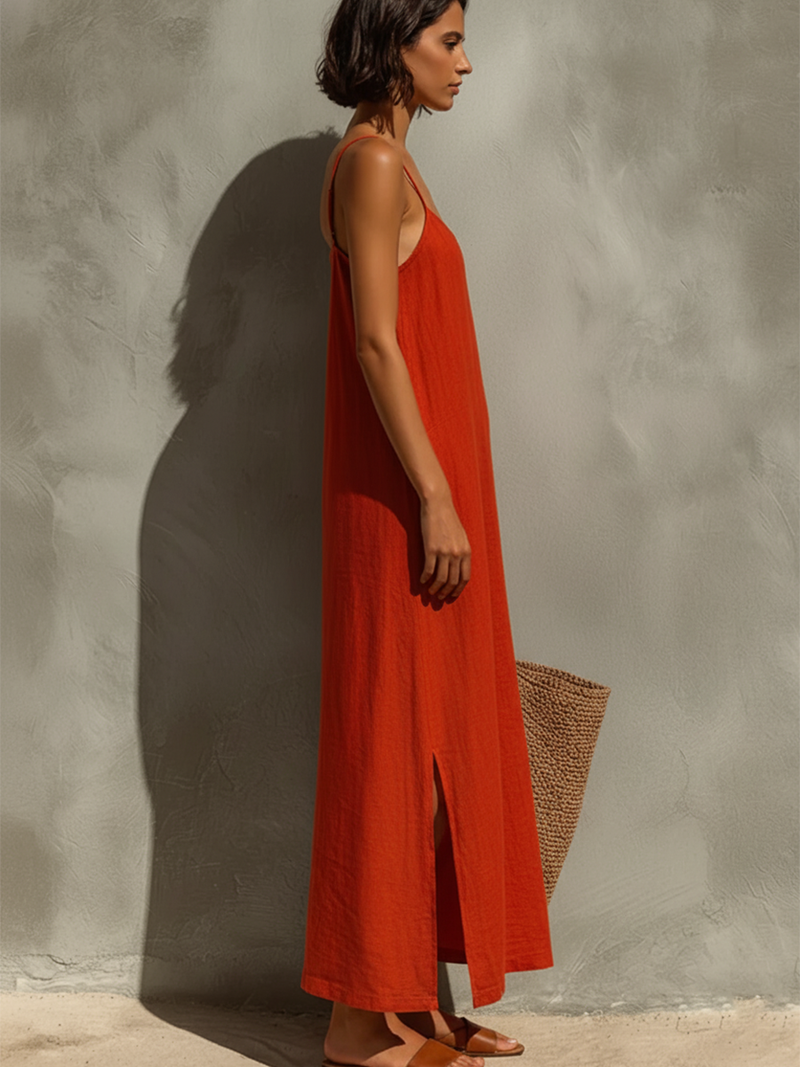 Robe en Coton Rouge avec Bretelles Fines et Col Carré, Robe de Style Intemporelle