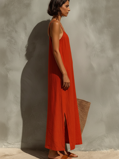 Robe en Coton Rouge avec Bretelles Fines et Col Carré, Robe de Style Intemporelle