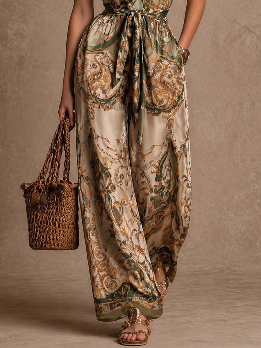 Combinaison satinée à imprimé baroque, coupe large, col halter