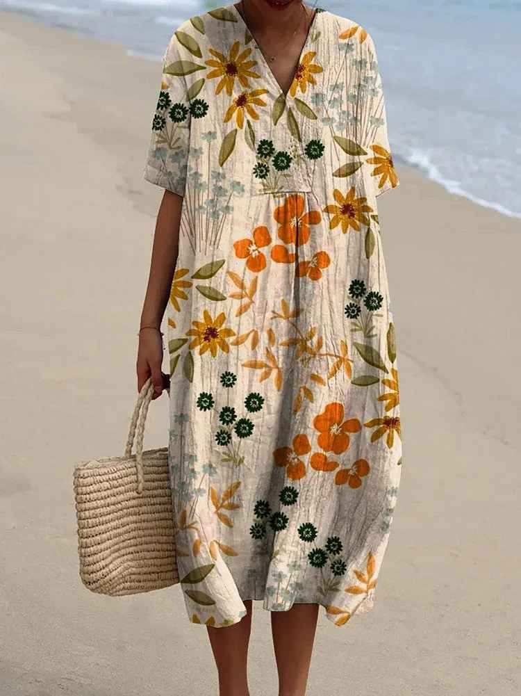 Robe décontractée fluide à imprimé floral vintage pour femmes