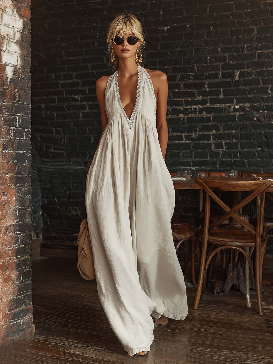 Combinaison sans manches en coton blanc cassé avec dentelle, style rétro urbain bohème
