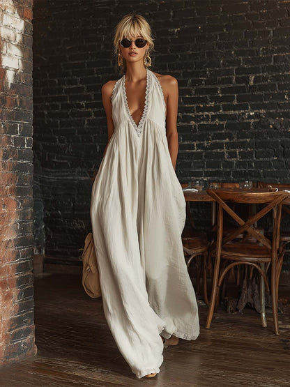 Combinaison sans manches en coton blanc cassé avec dentelle, style rétro urbain bohème