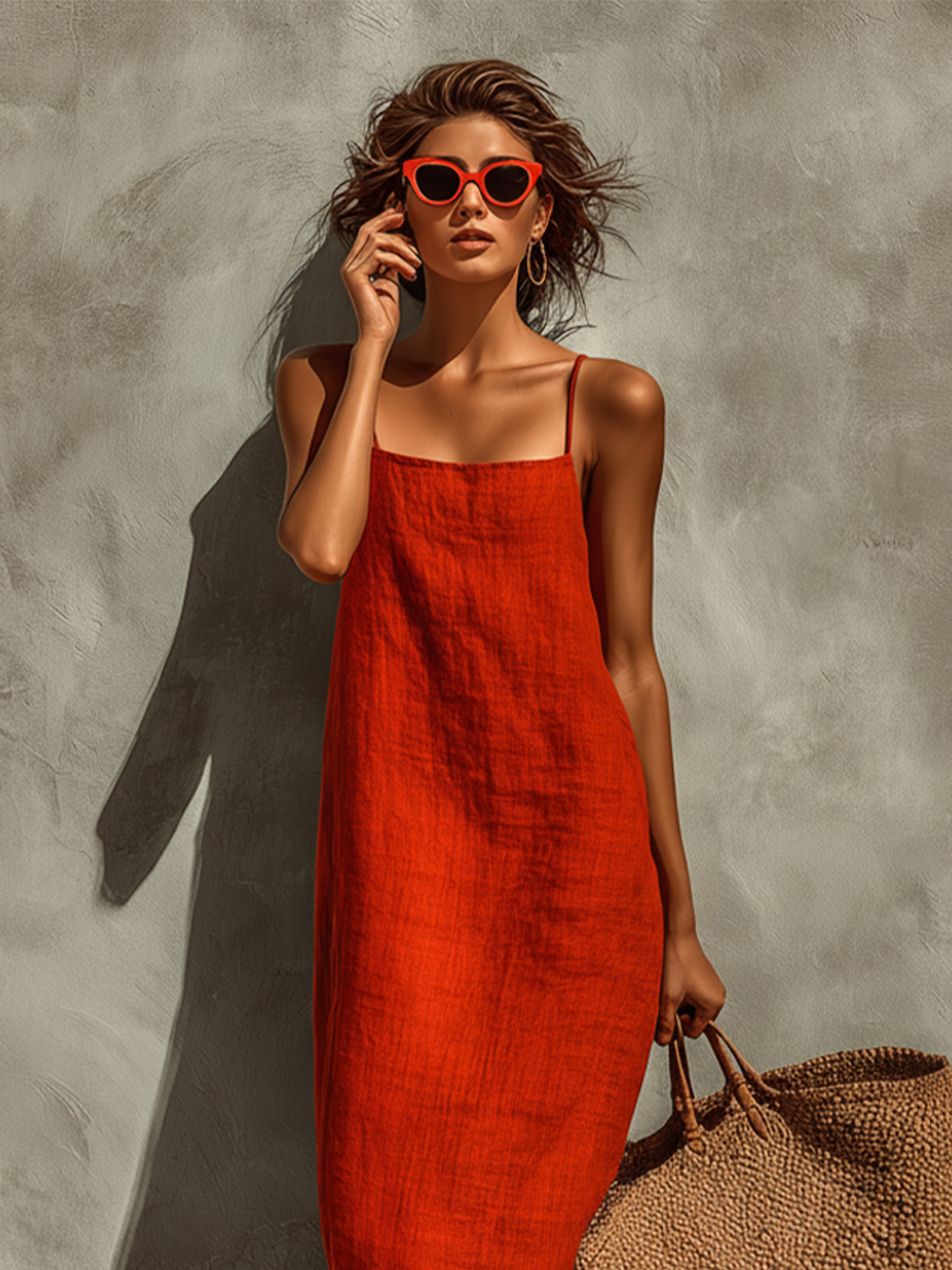 Robe en Coton Rouge avec Bretelles Fines et Col Carré, Robe de Style Intemporelle