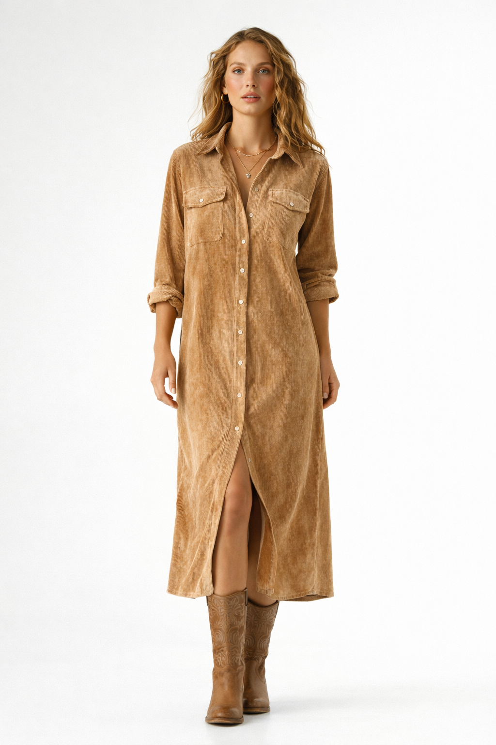 Robe mi-longue en velours côtelé avec doubles poches poitrine et boutons simples