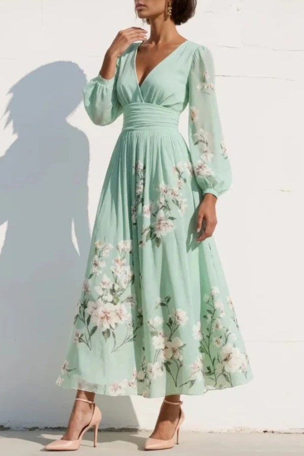 Robe longue décontractée à imprimé floral, col en V et manches longues