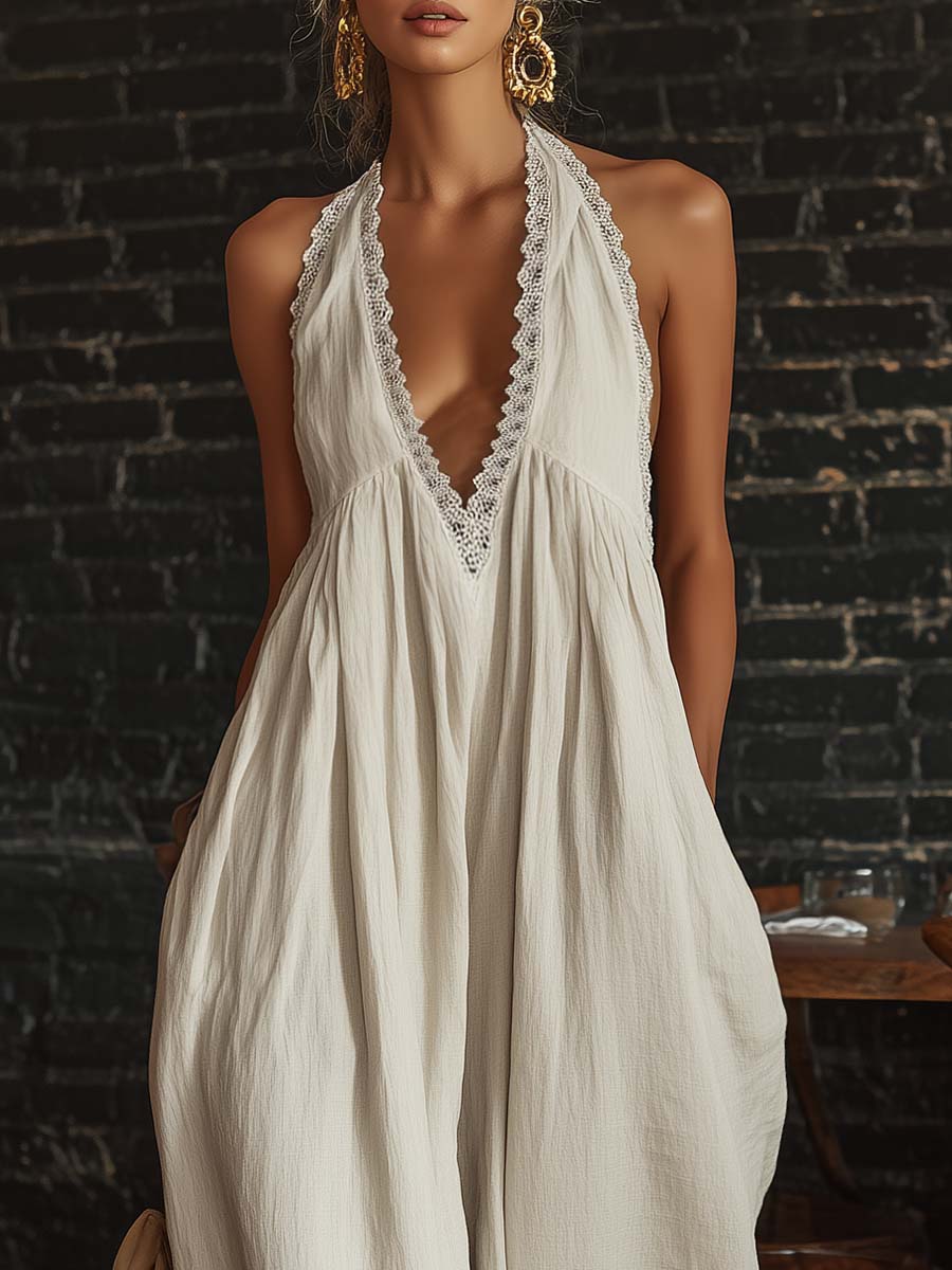 Combinaison sans manches en coton blanc cassé avec dentelle, style rétro urbain bohème