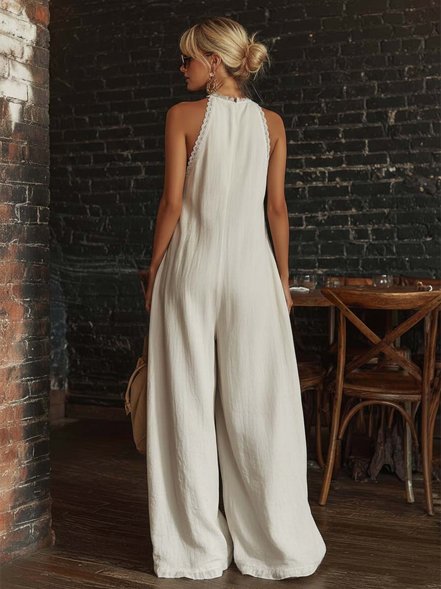 Combinaison sans manches en coton blanc cassé avec dentelle, style rétro urbain bohème