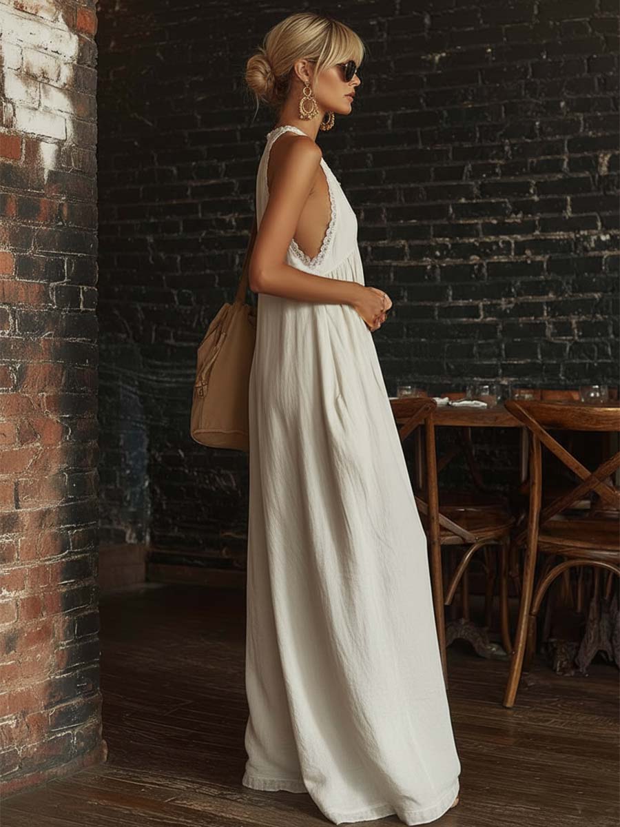 Combinaison sans manches en coton blanc cassé avec dentelle, style rétro urbain bohème