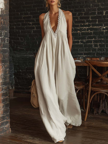 Combinaison sans manches en coton blanc cassé avec dentelle, style rétro urbain bohème