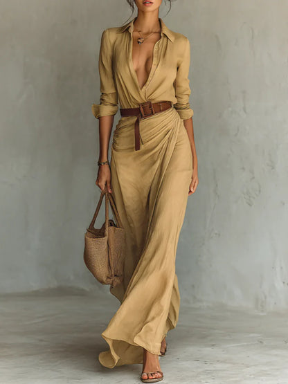 Robe longue ceinturée à manches longues avec col pour femmes
