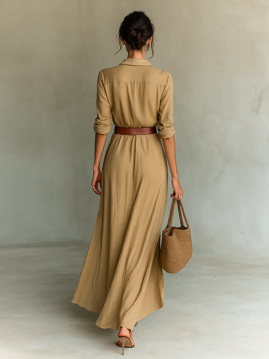 Robe longue ceinturée à manches longues avec col pour femmes