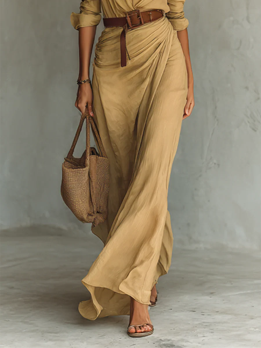 Robe longue ceinturée à manches longues avec col pour femmes