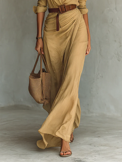 Robe longue ceinturée à manches longues avec col pour femmes