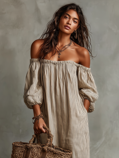 Robe maxi en mélange coton-lin à épaules dénudées et manches longues