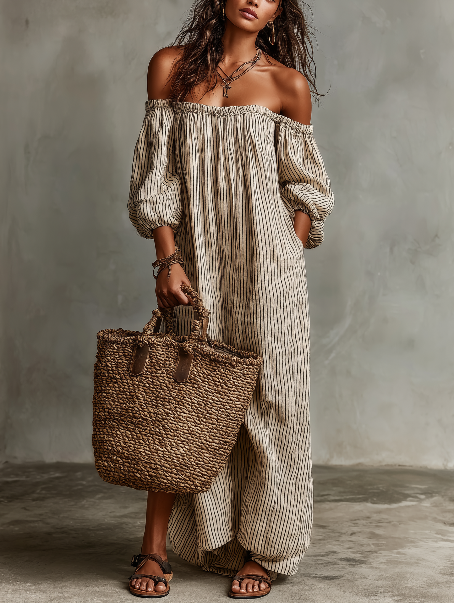 Robe maxi en mélange coton-lin à épaules dénudées et manches longues