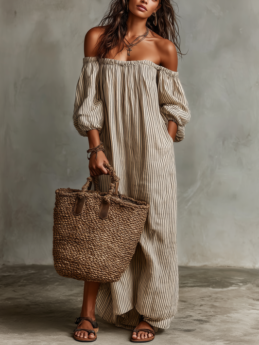 Robe maxi en mélange coton-lin à épaules dénudées et manches longues