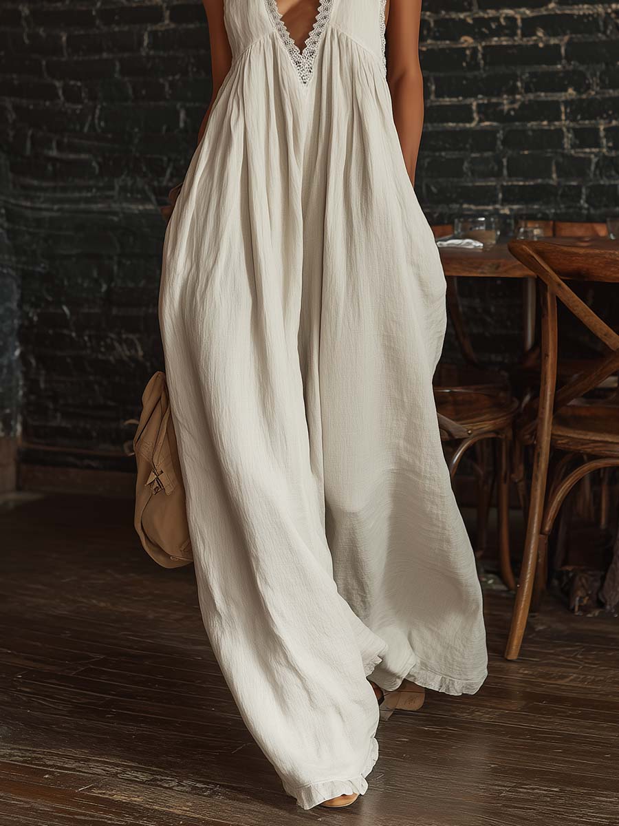 Combinaison sans manches en coton blanc cassé avec dentelle, style rétro urbain bohème