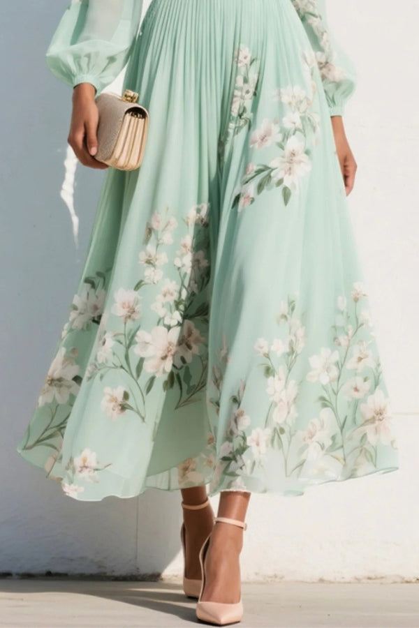 Robe longue décontractée à imprimé floral, col en V et manches longues