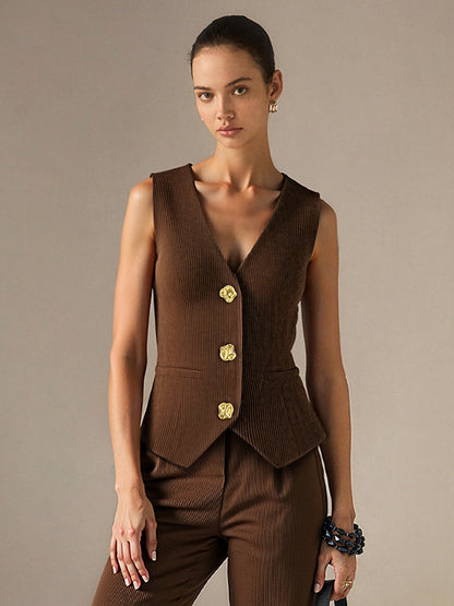 Gilet en velours côtelé à col en V noué