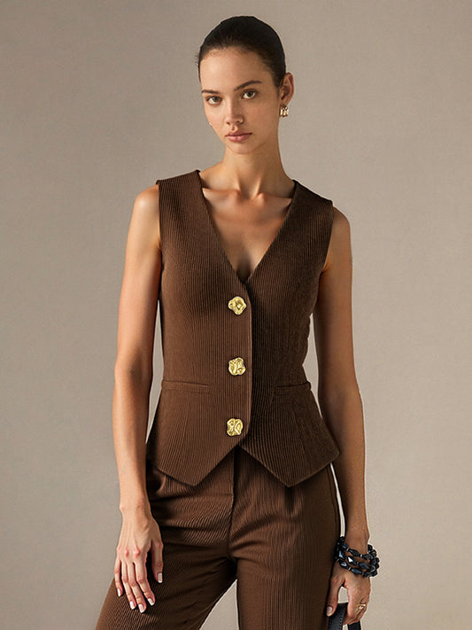 Gilet en velours côtelé à col en V noué