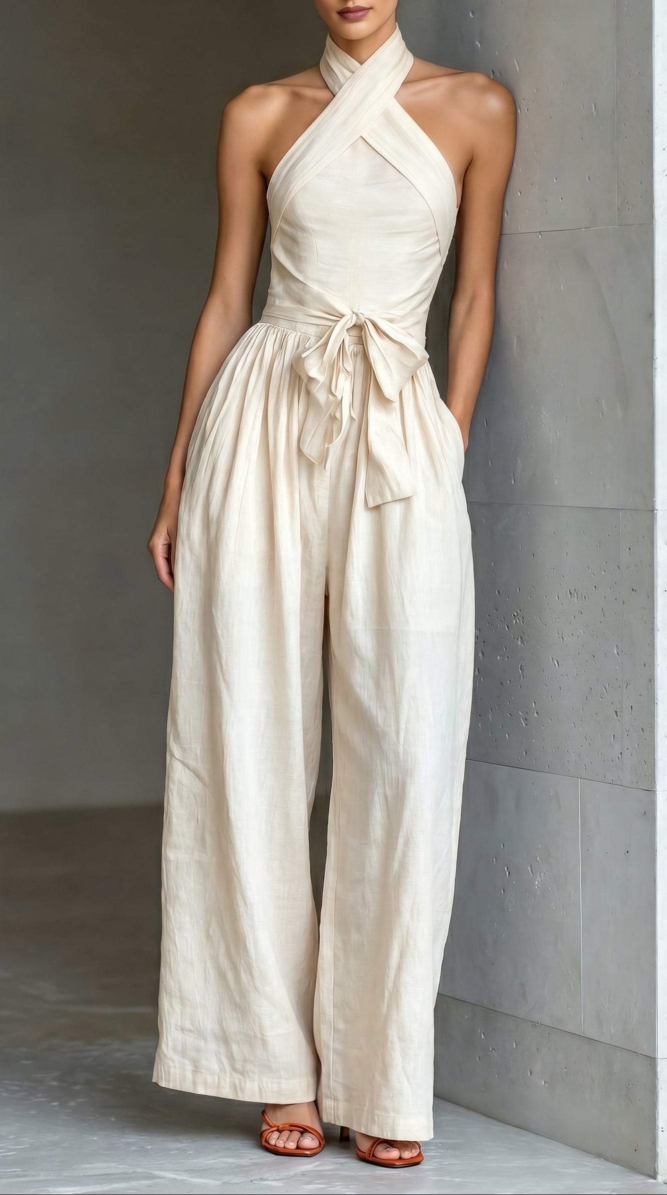 Combinaison femme à col américain croisé, poches, dos nu, taille à nouer et jambes larges